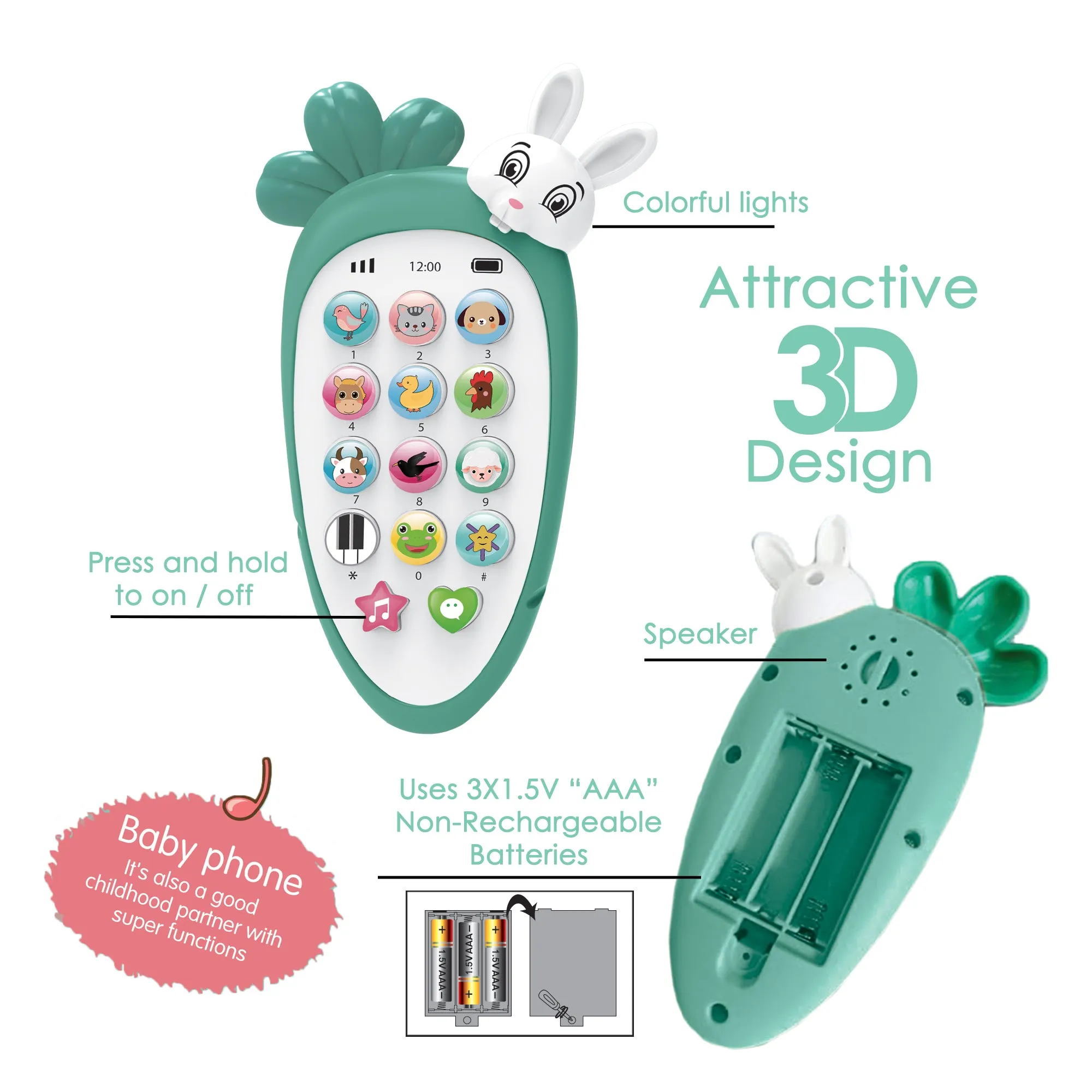 Baby Moo intelligent Bunny Interactive Musical Mobile Phone Toy For Kids With 20 Built-in Songs, Animal Sounds & Chat Button - Light Green