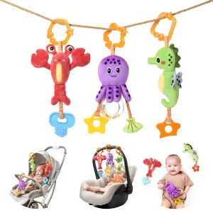 Baby toy, hanging plush toy for crib stroller car seat, baby soft rattle teether seahorse octopus lobster toy set for newborn infant 0 Month 