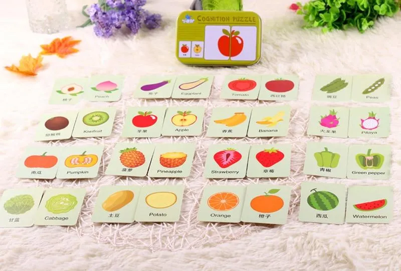 Fruit Animal Cognition Card Puzzle Game For Baby Toddler Montessori Matching Game 3D Jigsaw Kids Early Learning Educational Gift