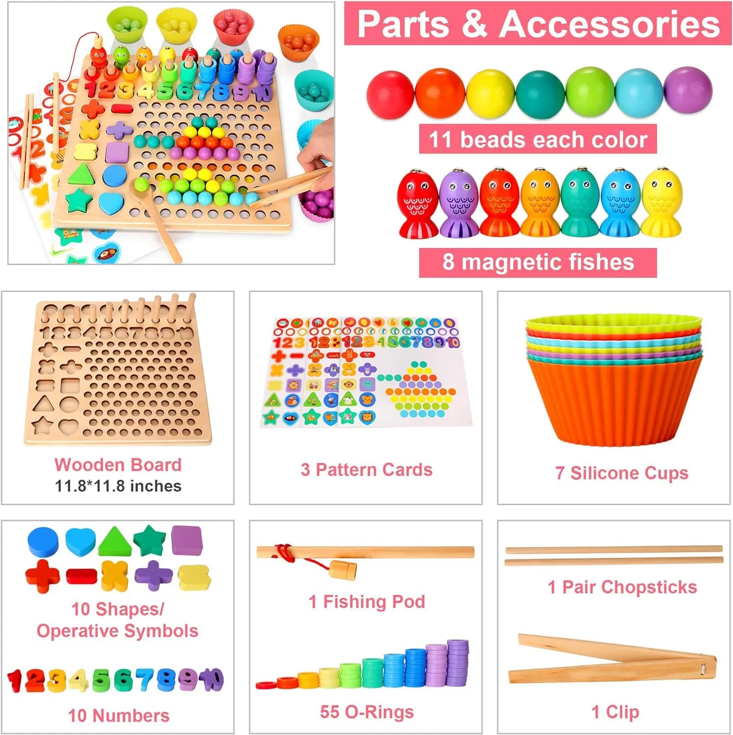 Magicwand 13-in-1 Wooden Puzzle Counting Sorting Stacking Art Clip Beads Fishing Chess Game