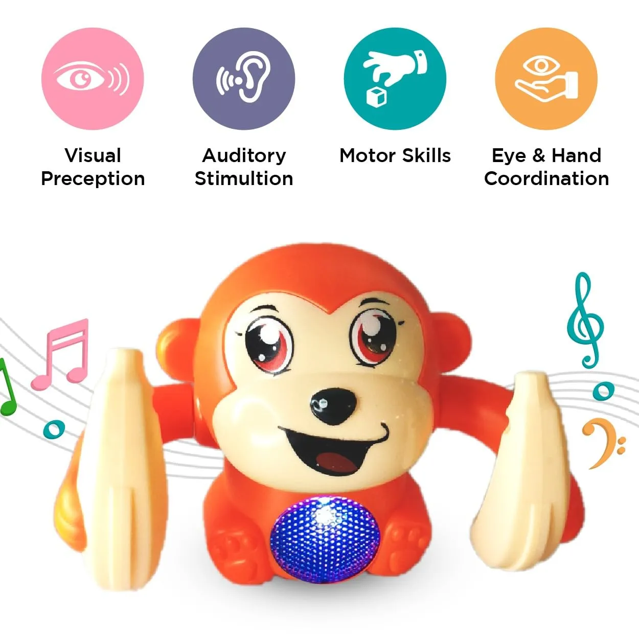 ToyMagic Dancing Monkey|Voice & Touch Sensor with Musical Light & Sound Effect|AAA Battery Operated|Birthday Gift|Spinning & Rolling Doll Tumble Toy for Kids 1 Year  |Made in India